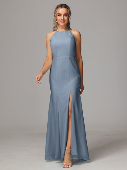 Halter Open Back Chiffon Bridesmaid Dress With Slit