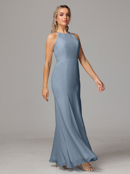 Halter Open Back Chiffon Bridesmaid Dress With Slit