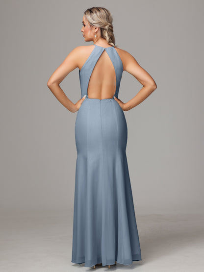 Halter Open Back Chiffon Bridesmaid Dress With Slit
