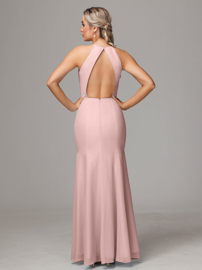 Halter Open Back Chiffon Bridesmaid Dress With Slit