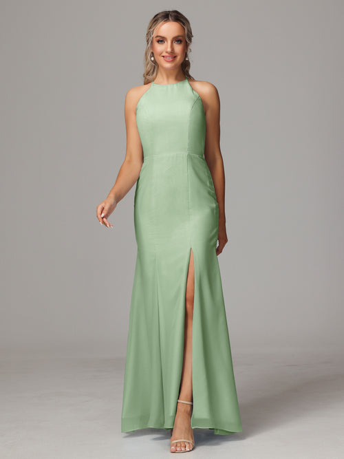 Halter Open Back Chiffon Bridesmaid Dress With Slit