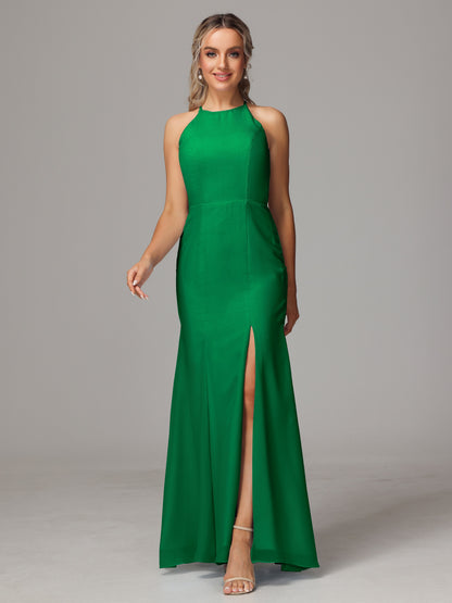 Halter Open Back Chiffon Bridesmaid Dress With Slit