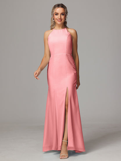 Halter Open Back Chiffon Bridesmaid Dress With Slit