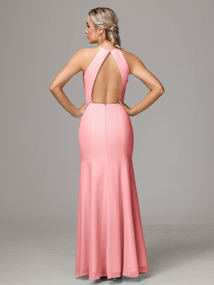 Halter Open Back Chiffon Bridesmaid Dress With Slit