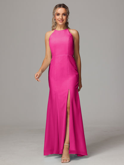 Halter Open Back Chiffon Bridesmaid Dress With Slit