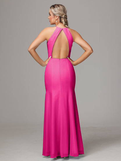 Halter Open Back Chiffon Bridesmaid Dress With Slit