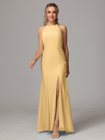 Halter Open Back Chiffon Bridesmaid Dress With Slit