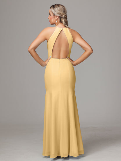Halter Open Back Chiffon Bridesmaid Dress With Slit