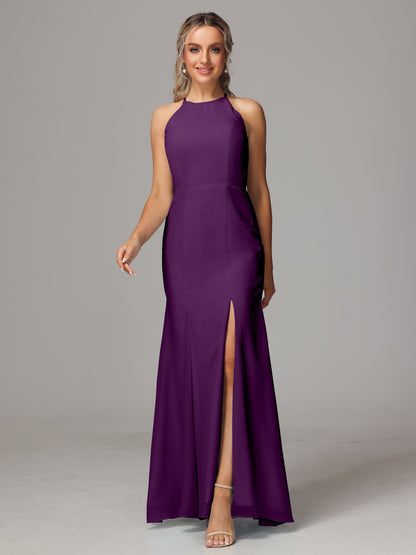 Halter Open Back Chiffon Bridesmaid Dress With Slit