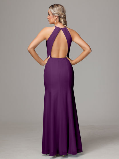 Halter Open Back Chiffon Bridesmaid Dress With Slit