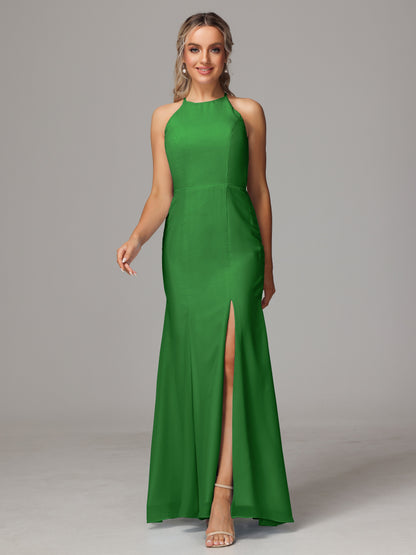Halter Open Back Chiffon Bridesmaid Dress With Slit