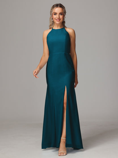 Halter Open Back Chiffon Bridesmaid Dress With Slit