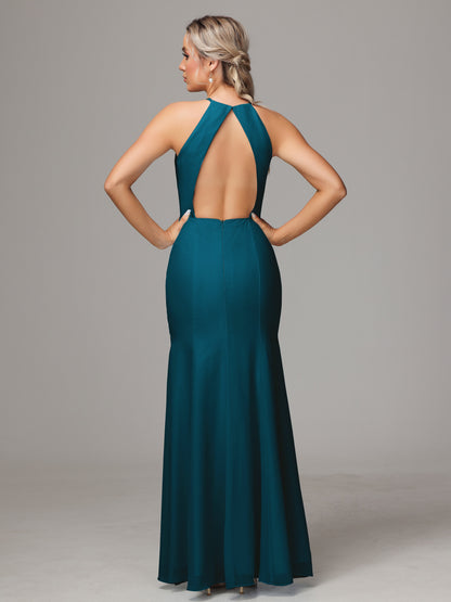 Halter Open Back Chiffon Bridesmaid Dress With Slit