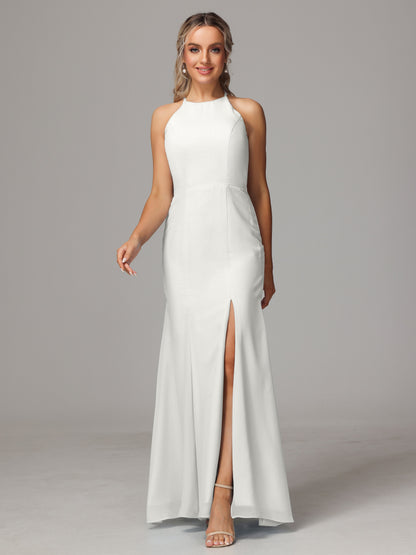 Halter Open Back Chiffon Bridesmaid Dress With Slit
