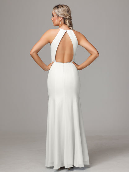Halter Open Back Chiffon Bridesmaid Dress With Slit