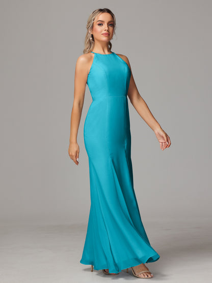 Halter Open Back Chiffon Bridesmaid Dress With Slit