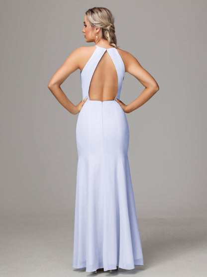 Halter Open Back Chiffon Bridesmaid Dress With Slit