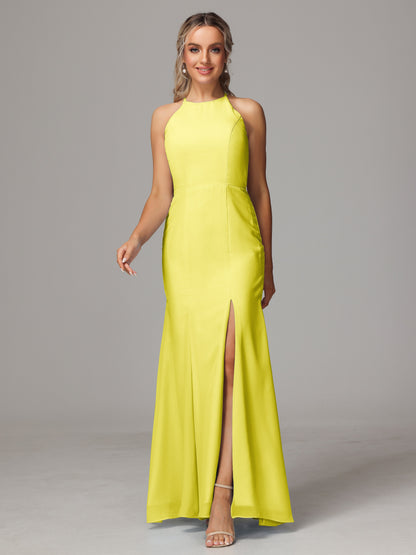 Halter Open Back Chiffon Bridesmaid Dress With Slit