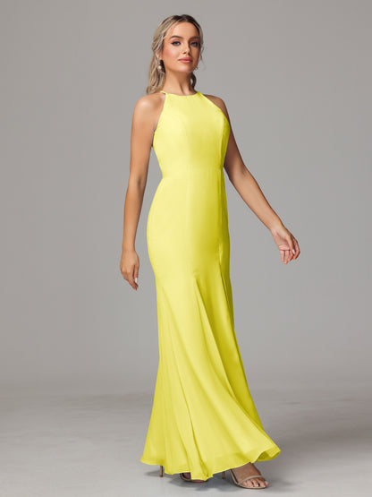 Halter Open Back Chiffon Bridesmaid Dress With Slit