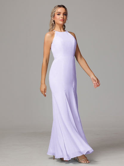 Halter Open Back Chiffon Bridesmaid Dress With Slit