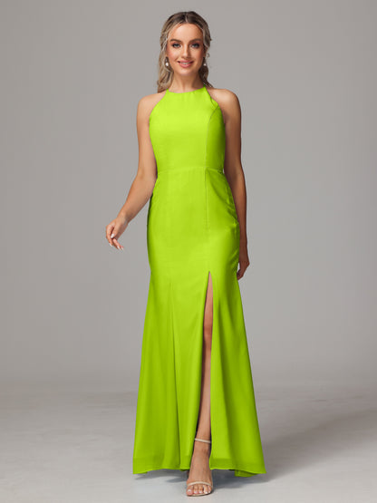 Halter Open Back Chiffon Bridesmaid Dress With Slit