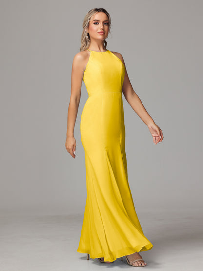 Halter Open Back Chiffon Bridesmaid Dress With Slit