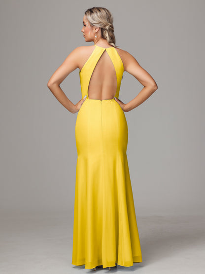 Halter Open Back Chiffon Bridesmaid Dress With Slit