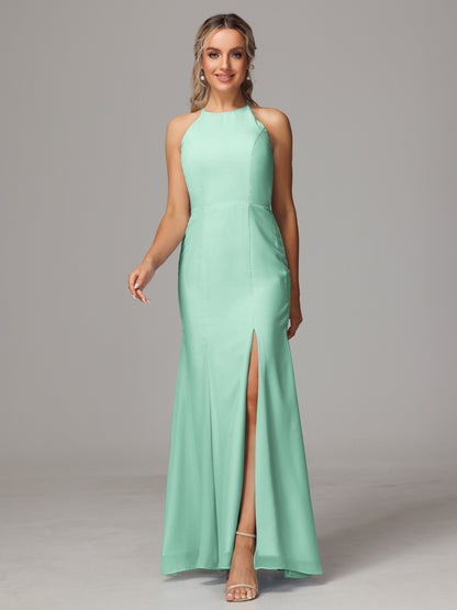 Halter Open Back Chiffon Bridesmaid Dress With Slit