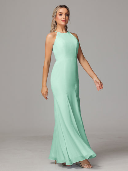 Halter Open Back Chiffon Bridesmaid Dress With Slit