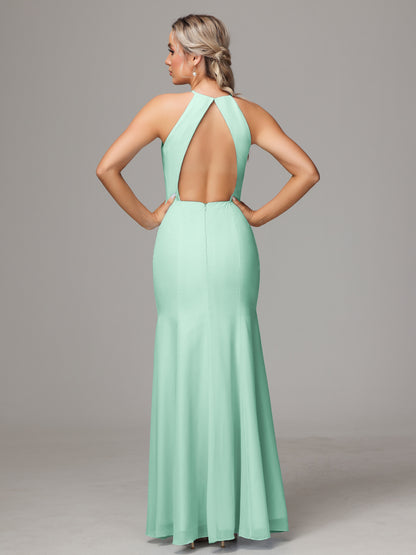 Halter Open Back Chiffon Bridesmaid Dress With Slit