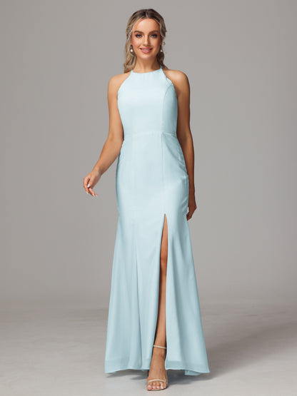 Halter Open Back Chiffon Bridesmaid Dress With Slit