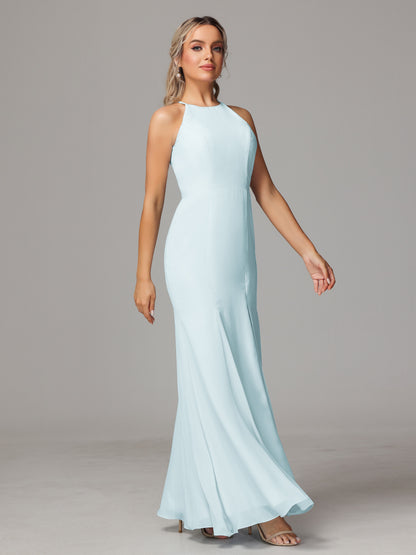 Halter Open Back Chiffon Bridesmaid Dress With Slit