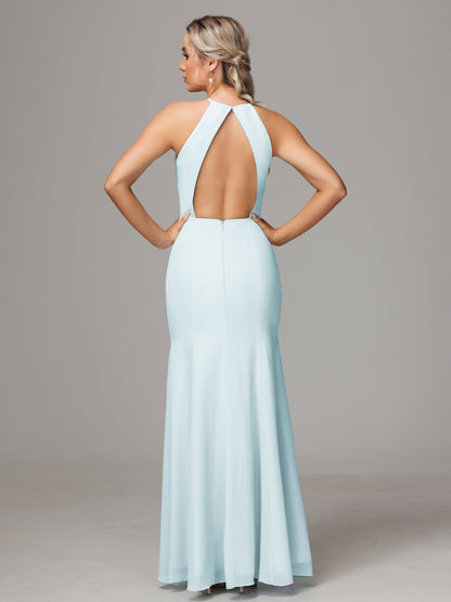 Halter Open Back Chiffon Bridesmaid Dress With Slit