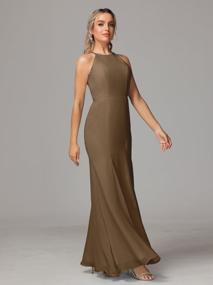 Halter Open Back Chiffon Bridesmaid Dress With Slit