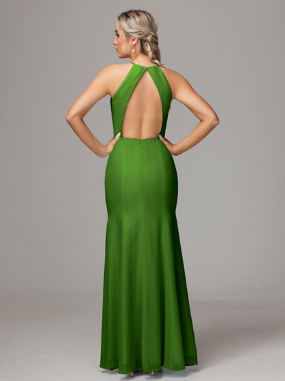 Halter Open Back Chiffon Bridesmaid Dress With Slit