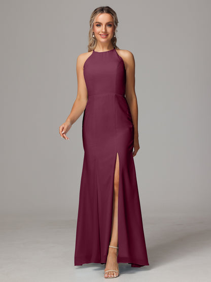 Halter Open Back Chiffon Bridesmaid Dress With Slit
