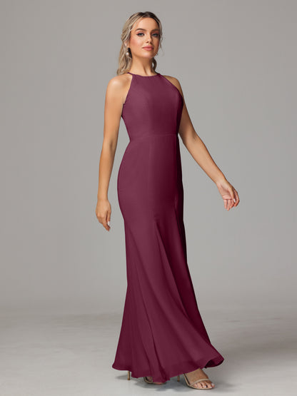 Halter Open Back Chiffon Bridesmaid Dress With Slit