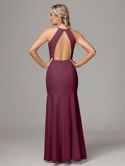 Halter Open Back Chiffon Bridesmaid Dress With Slit