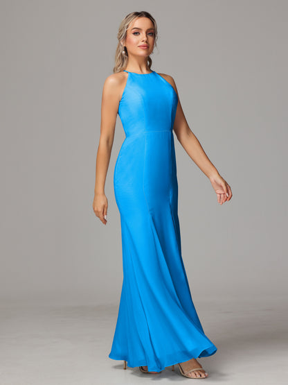 Halter Open Back Chiffon Bridesmaid Dress With Slit