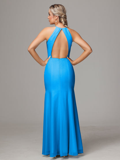 Halter Open Back Chiffon Bridesmaid Dress With Slit
