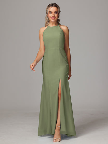 Halter Open Back Chiffon Bridesmaid Dress With Slit