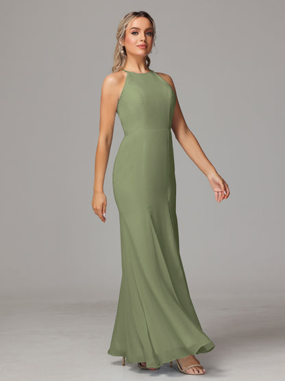 Halter Open Back Chiffon Bridesmaid Dress With Slit