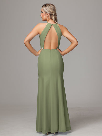Halter Open Back Chiffon Bridesmaid Dress With Slit