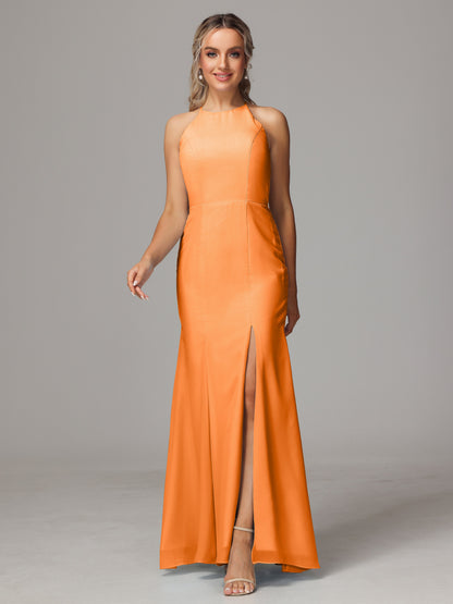 Halter Open Back Chiffon Bridesmaid Dress With Slit