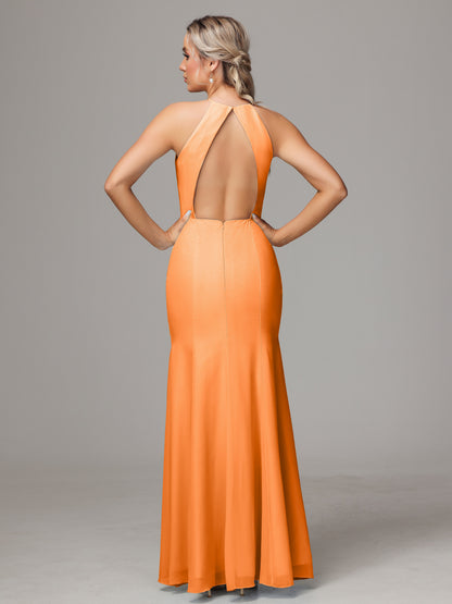 Halter Open Back Chiffon Bridesmaid Dress With Slit