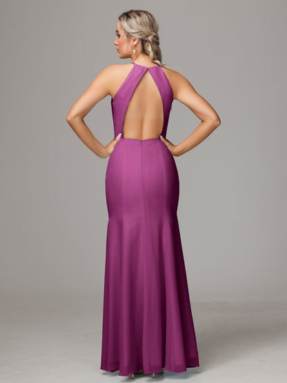 Halter Open Back Chiffon Bridesmaid Dress With Slit