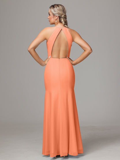 Halter Open Back Chiffon Bridesmaid Dress With Slit