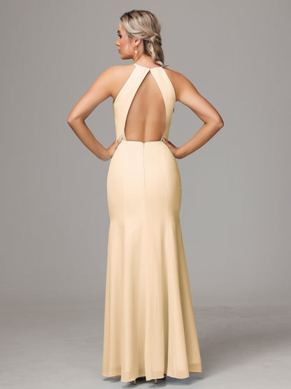 Halter Open Back Chiffon Bridesmaid Dress With Slit