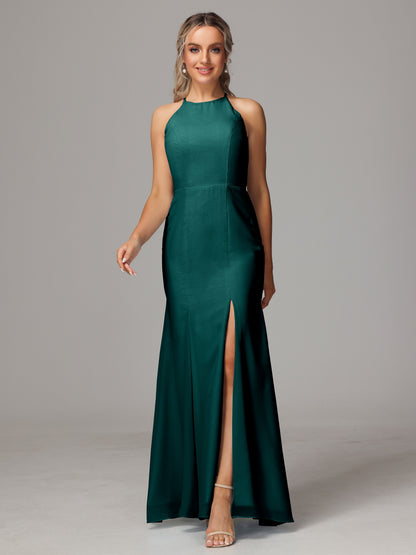 Halter Open Back Chiffon Bridesmaid Dress With Slit