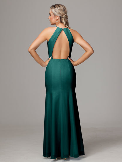 Halter Open Back Chiffon Bridesmaid Dress With Slit